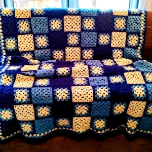 Granny Blue & White Square Afghan Crochet Throw Blanket 54”x94” Vintage Handmade